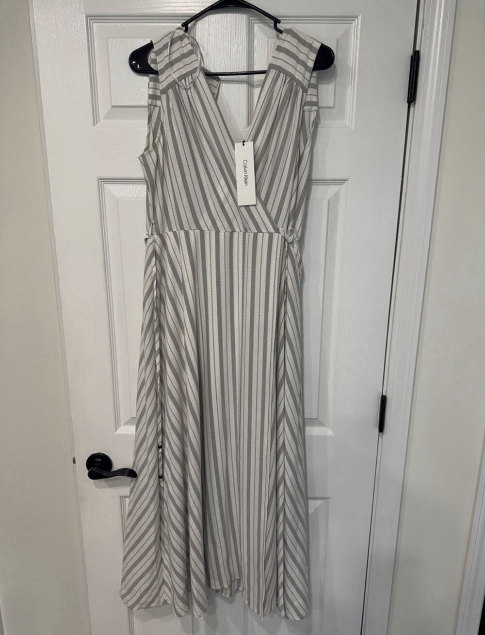 calvin klein cream and gray striped midi dress